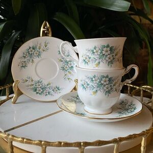 1960’s Pair of Queen Anne 8564 Floral Teacups + Saucers - Vintage Bone China Set